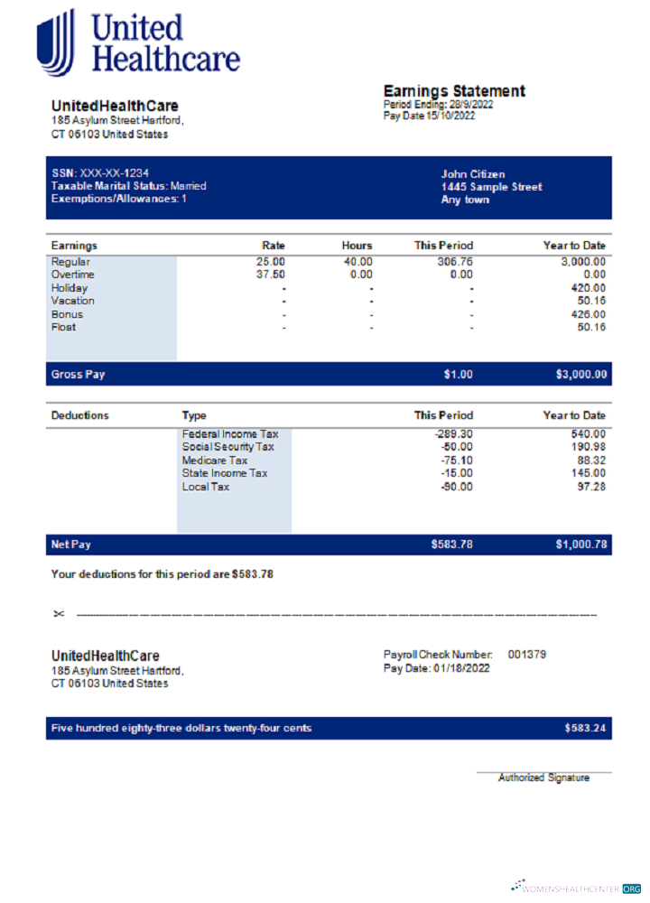 Download USA UnitedHealthCare managed care company pay stub Photoshop template